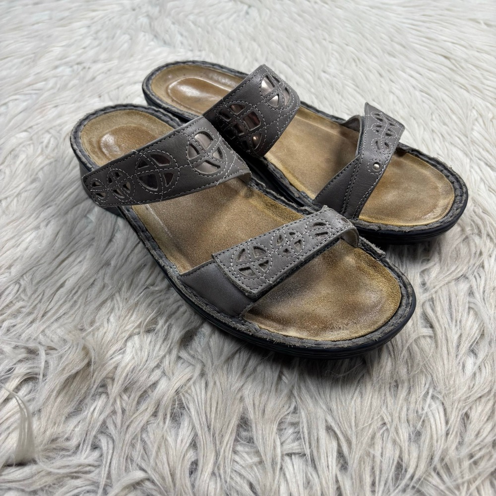 Naot Women's 39 US 8 Gray Leather Laser Cut Cornet Double Strap Slide Sandals